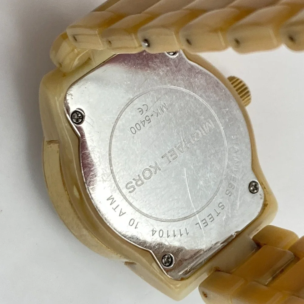 Michael Kors Women's Watch 33mm Gold Tone Acetate Day Date New Battery SMALL 6